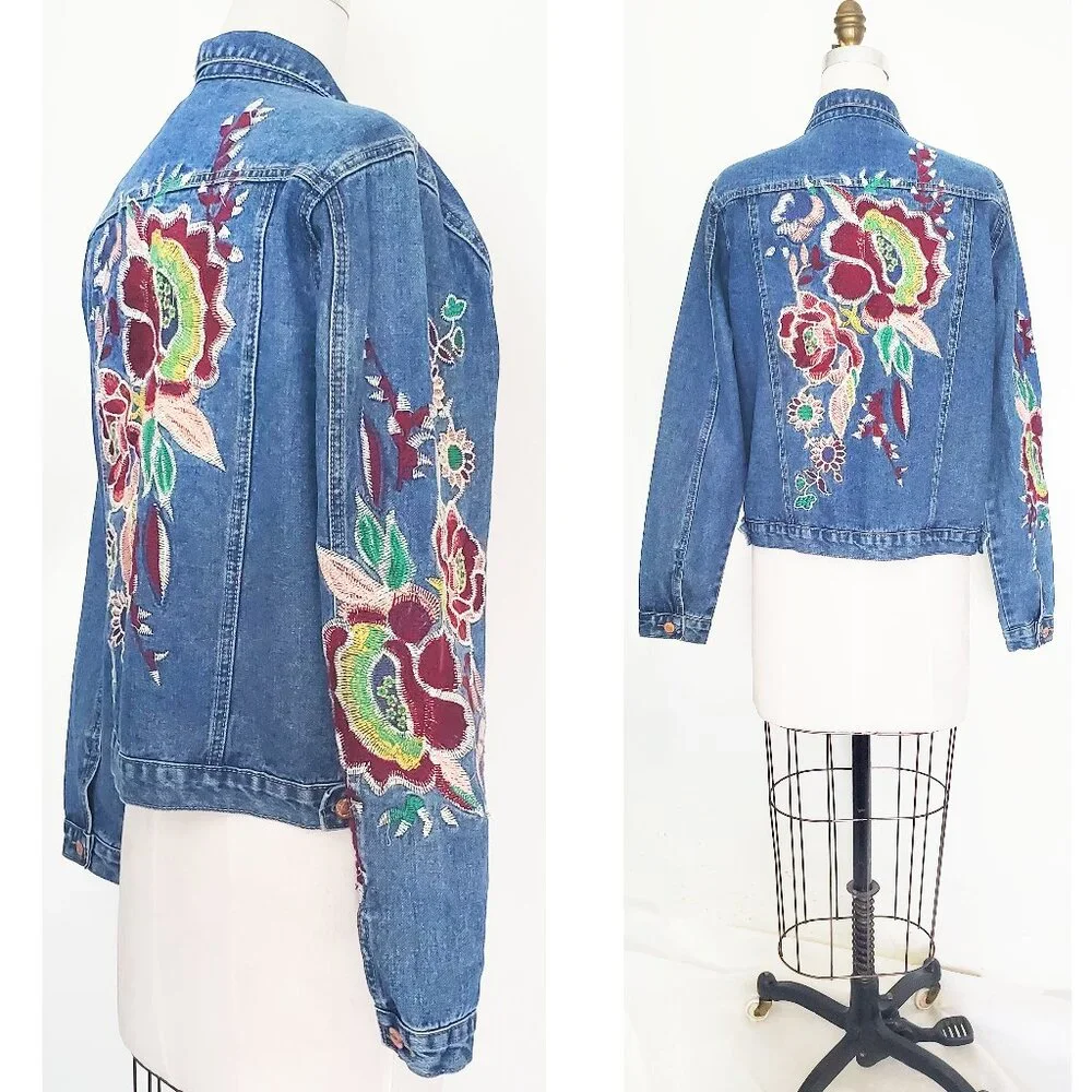 Glamorous Womens Denim Jean Jacket with Floral Embroidery 14